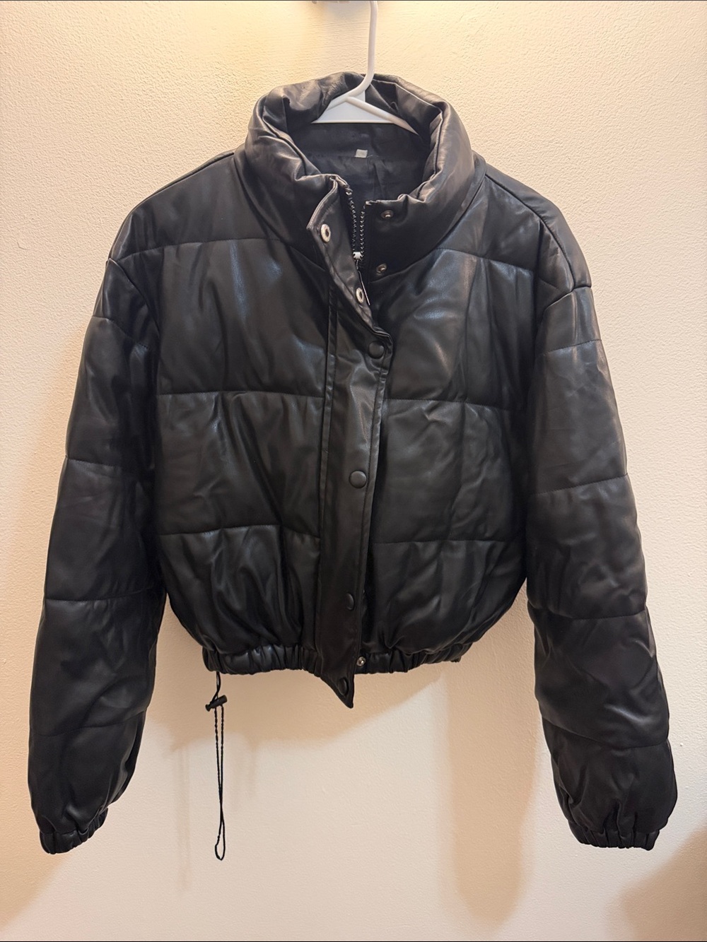Black Quilted Faux-Leather Puffer Jacket - Women